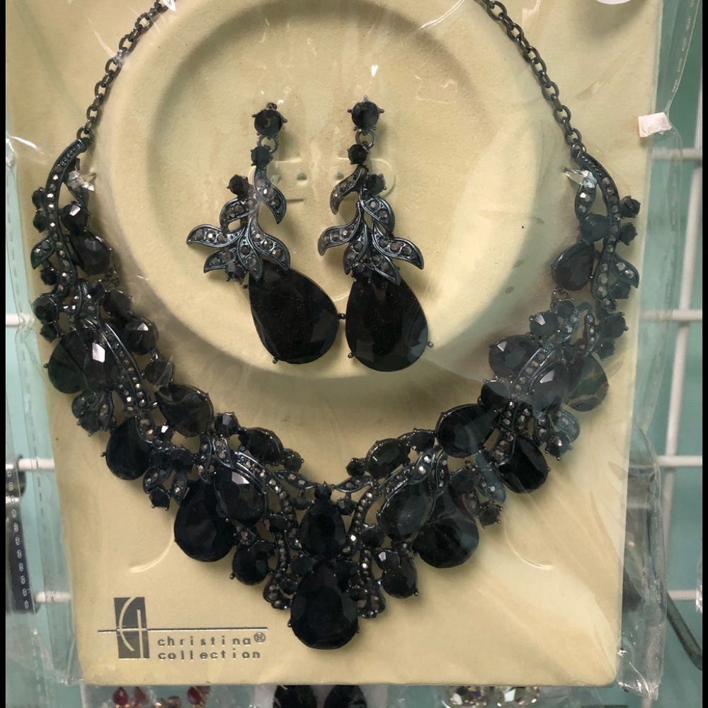 Christina Collection Black Crystal Necklace Set